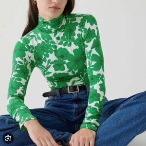 J.Crew Matte Jersey Turtleneck - Kelly Green Botanical Print in Size XXS